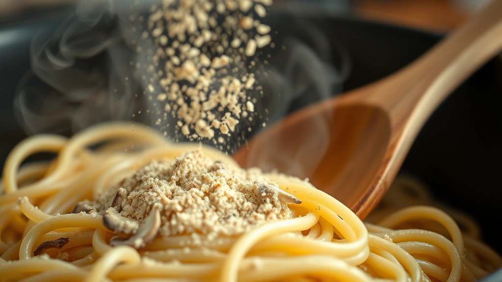 Close-up detail shot of finely grated mushroom powder being sprinkled over creamy pasta, steam rising, wooden spoon nearby, shallow depth of field emphasizing texture and motion, warm kitchen lighting