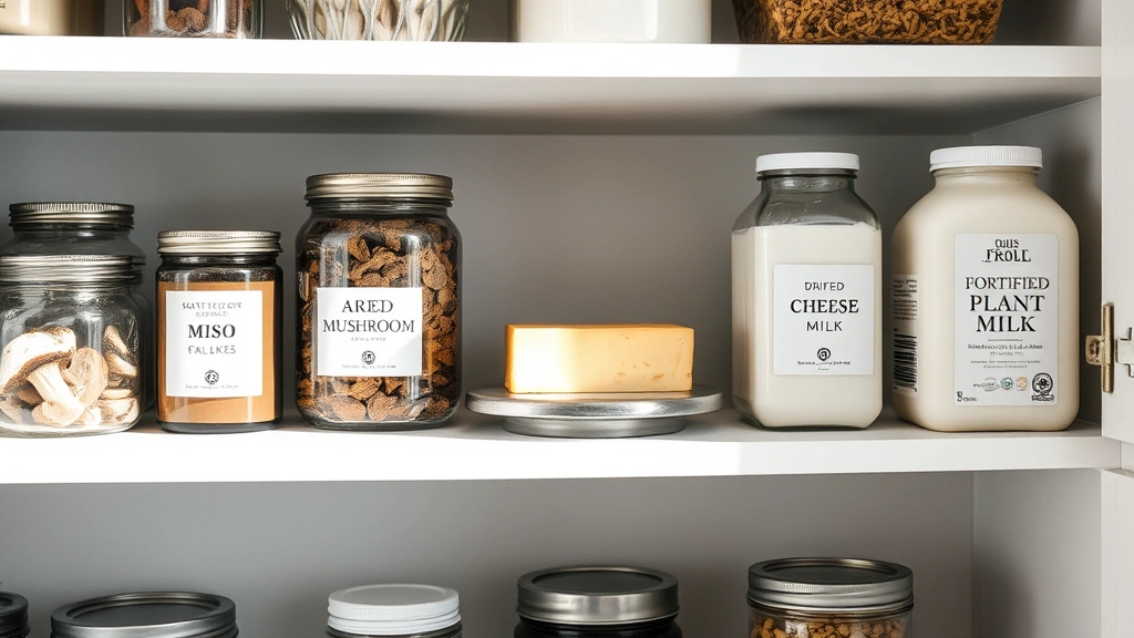 Organized pantry shelves displaying various substitute ingredients in glass containers with labels: miso jars, dried mushroom containers, aged cheese block, fortified plant milk, dulse flakes, minimal aesthetic with natural lighting from window
