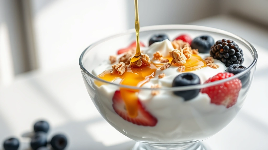 Close-up shot of Greek yogurt in a glass bowl with fresh berries, granola, and honey drizzle on top, natural morning light streaming from the side, clean minimalist background, professional food photography style