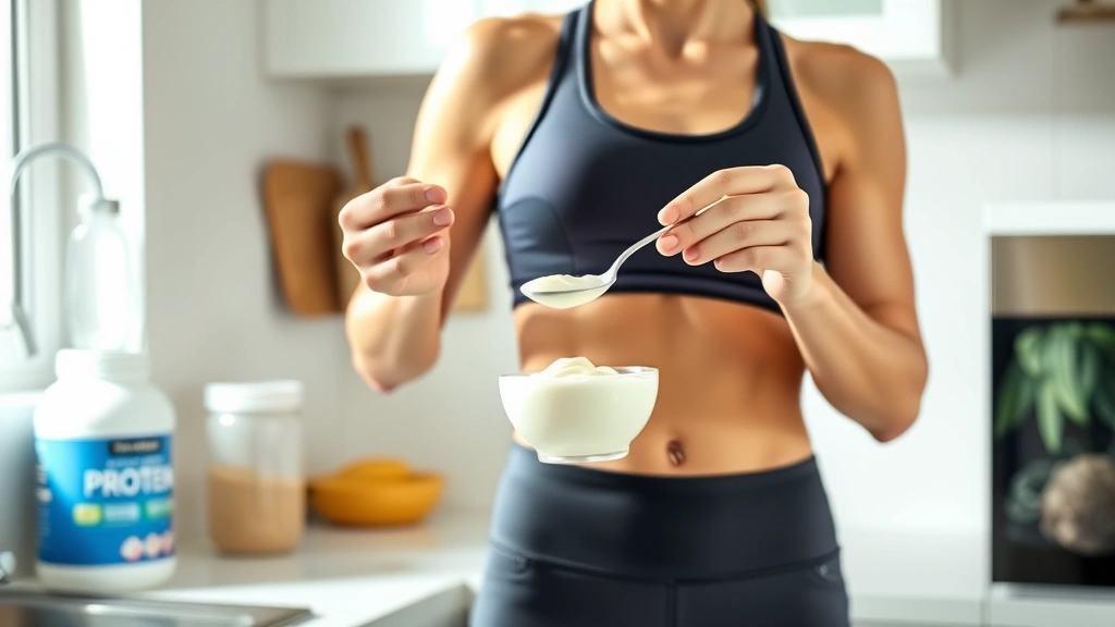 Fit woman in workout gear holding a spoon of yogurt, kitchen counter background with protein powder and water bottle, natural daylight, healthy lifestyle aesthetic, no visible text or branding
