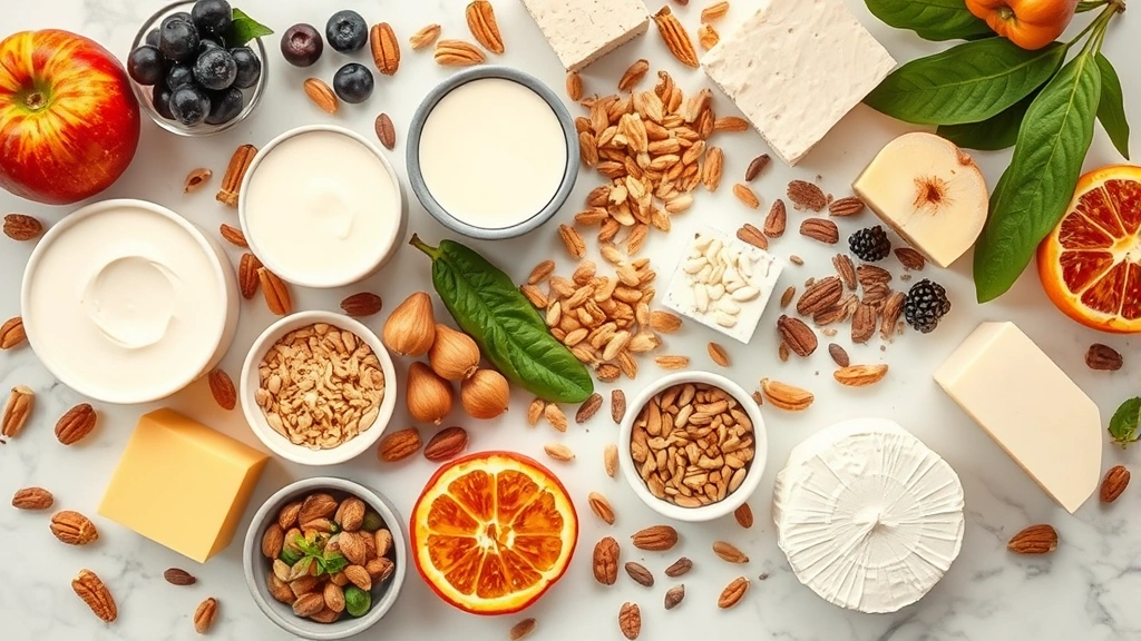 Overhead flat lay of various dairy products, nuts, seeds, and fresh fruits arranged artistically on a marble countertop, warm natural lighting, nutritious food styling, educational nutrition content visual