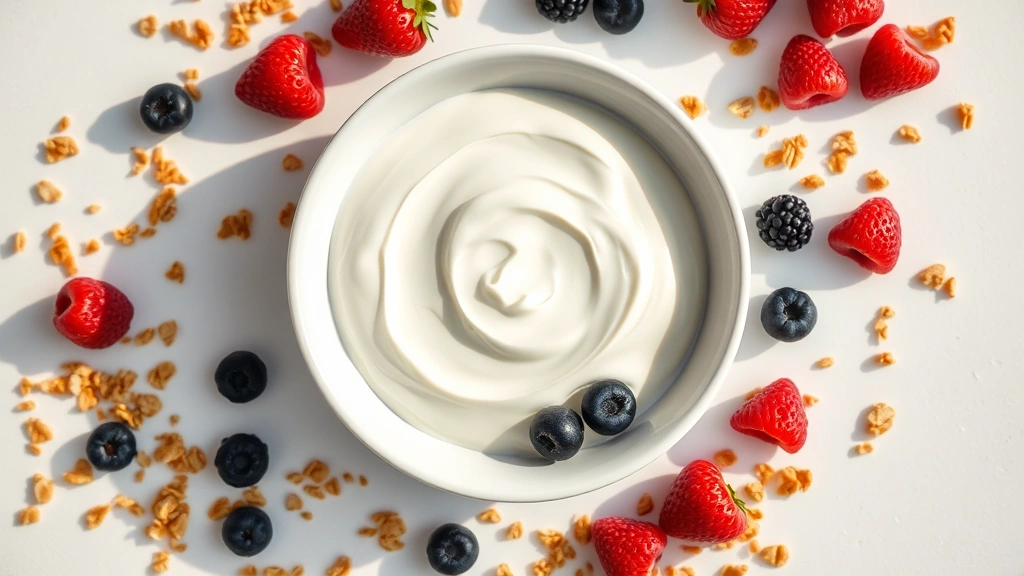 Overhead flat lay of a white bowl containing creamy Greek yogurt with fresh berries and granola scattered around, natural morning light, minimalist composition, no text or labels visible