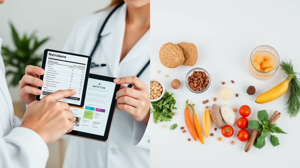 Split-screen comparison showing nutritionist reviewing nutrition label with tablet device on one side, and ingredients laid out on white surface on other side, professional wellness setting