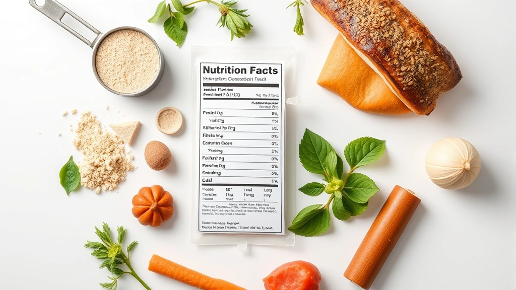 Overhead flat lay of nutrition facts label and measurement markers displaying protein content metrics, protein powder scoop, and high-protein food items arranged artistically, clean white surface, bright studio lighting, no readable text visible