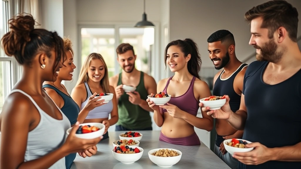 Diverse group of fit individuals in modern kitchen environment consuming yogurt bowls with mixed berries and granola, active lifestyle representation, natural morning light streaming through windows, authentic wellness scene without staged appearance