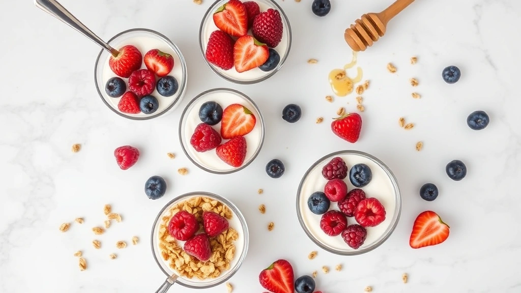 Overhead flat lay of yogurt containers with fresh berries, granola, and honey on white marble surface, morning nutrition concept, natural daylight, high-quality food photography