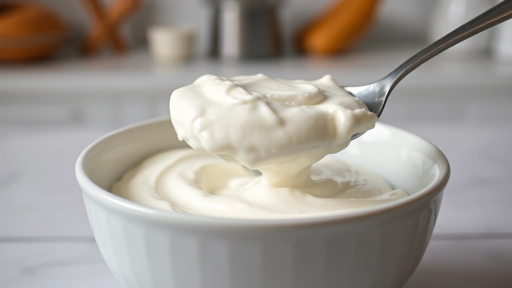Close-up of Greek yogurt being scooped into a bowl with visible creamy texture and thickness, minimalist kitchen background, professional food styling, shallow depth of field