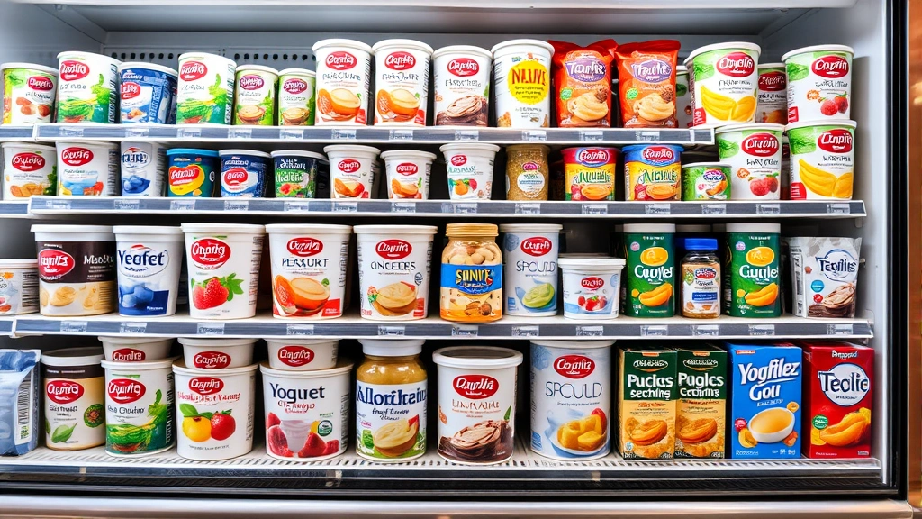 Diverse selection of yogurt brands and varieties displayed together on refrigerator shelf, showing different packaging styles and product options, bright natural lighting, retail environment