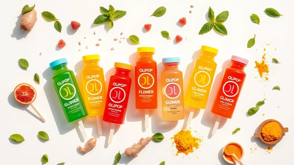 Overhead flat-lay photography of colorful Olipop bottles in various fruit-inspired flavors arranged on a bright white surface with fresh botanicals like mint leaves, ginger root, and turmeric powder scattered artistically around them, natural daylight, vibrant and clean aesthetic