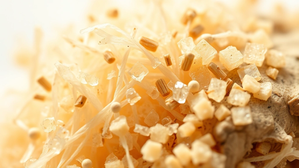 Close-up macro photography of prebiotic fiber strands and chicory root particles magnified under soft diffused lighting, showing texture and crystalline structure, scientific yet visually appealing, neutral background emphasizing the ingredient details