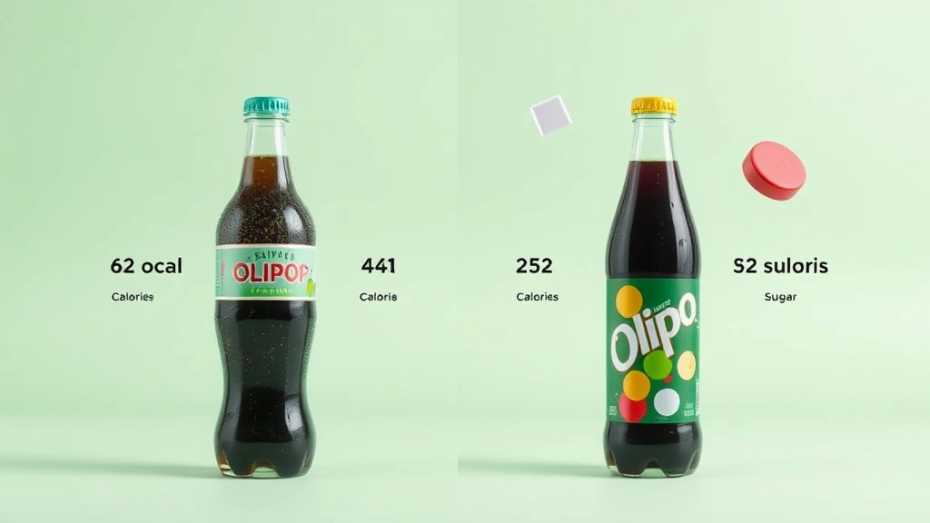 Split-screen comparison composition showing a traditional cola bottle on one side and an Olipop bottle on the other, positioned on a minimalist background with subtle nutritional information visualizations in the form of floating geometric shapes representing calorie and sugar content differences, modern and informative design