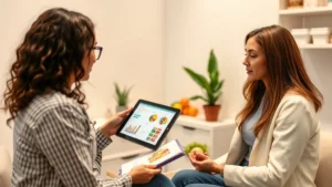 Registered dietitian nutritionist conducting detailed nutritional assessment with client in modern clinic setting, reviewing food journals and lab results on tablet, warm professional lighting, diverse representation