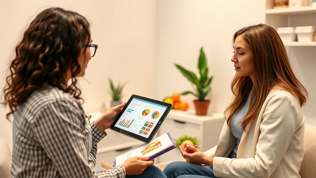 Registered dietitian nutritionist conducting detailed nutritional assessment with client in modern clinic setting, reviewing food journals and lab results on tablet, warm professional lighting, diverse representation