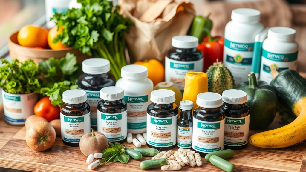 Close-up of nutrition professional organizing high-quality supplements and whole foods on wooden surface, displaying various supplement bottles and fresh vegetables, natural daylight, professional product photography style