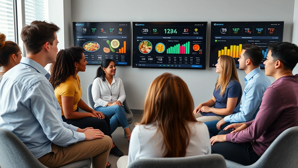 Diverse group of people in nutrition consultation room reviewing personalized meal plans and health metrics on digital screens, collaborative discussion setting, modern healthcare environment, inclusive representation