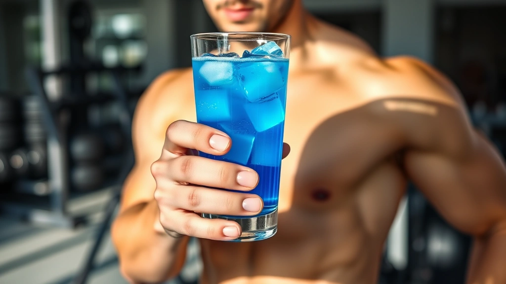 Professional fitness athlete holding a clear glass of blue amino acid supplement liquid with ice cubes, modern gym environment with weights blurred in background, natural lighting highlighting the vibrant blue color of the drink