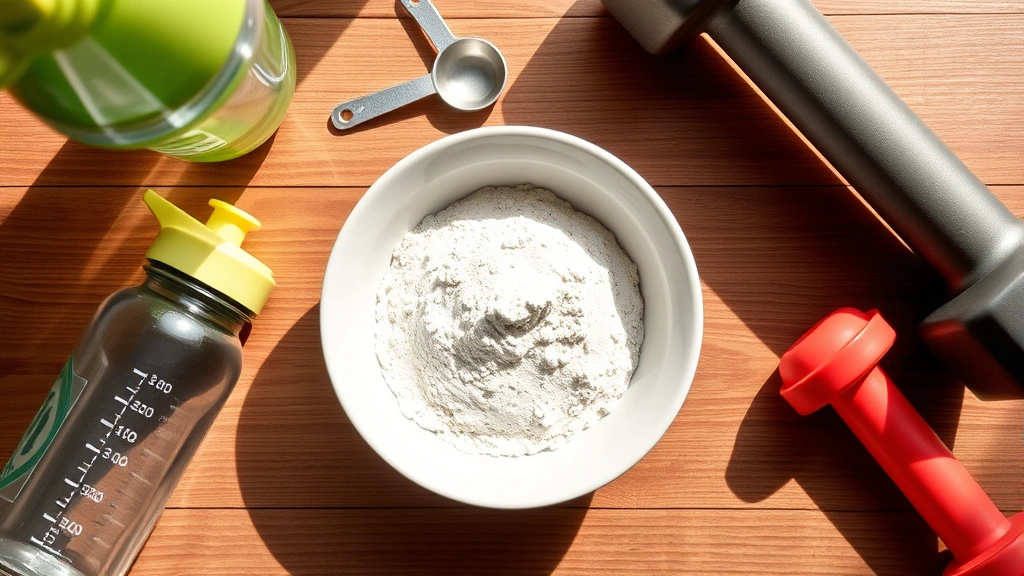 Overhead flat lay of supplement powder in white bowl, measuring scoop, water bottle, and dumbbells arranged on wooden table, bright daylight streaming across surface, minimalist composition emphasizing product presentation