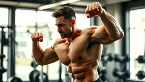Professional athlete performing intense strength training exercise in modern gym environment, muscular form and focused expression, gym equipment and weights visible in background