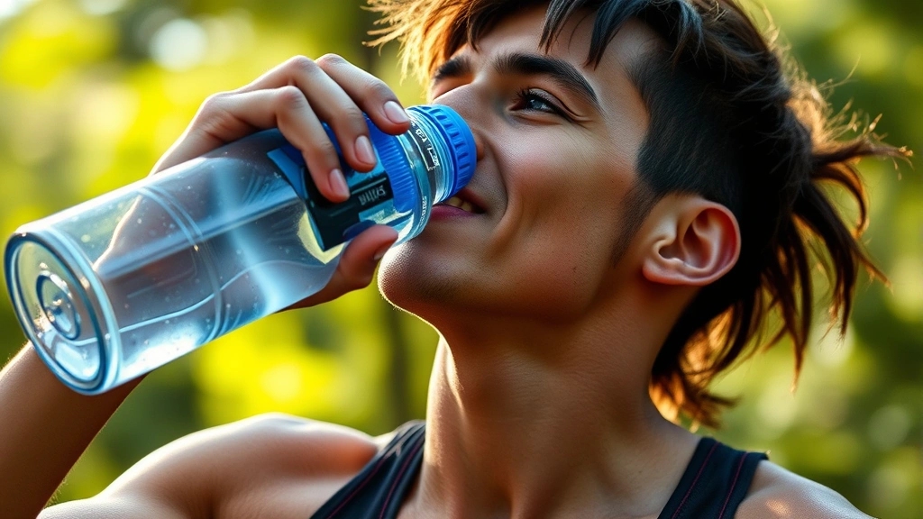 Athlete hydrating with water bottle after intense training session, athletic wear, natural lighting, moisture visible on bottle, focused and satisfied expression