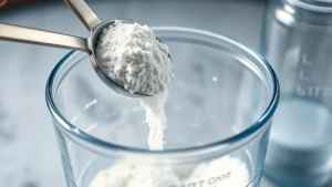 Close-up of white crystalline creatine powder being measured with a scoop into a transparent mixing container, with water droplets and a shaker bottle visible in soft studio lighting, photorealistic
