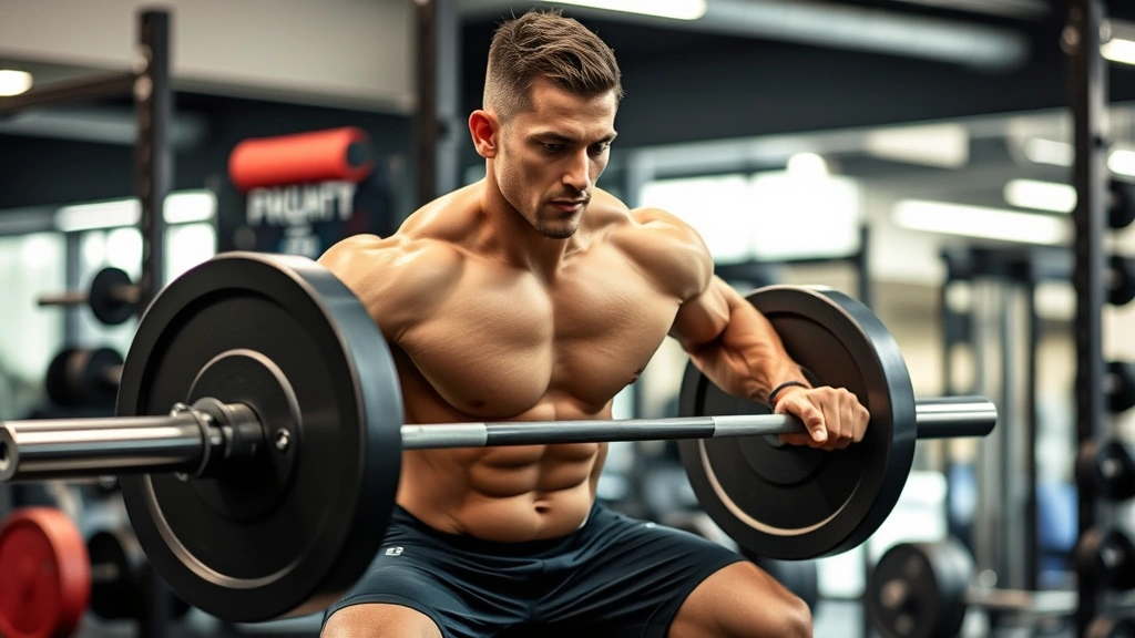 Fit athlete in gym setting performing heavy barbell squat with intense focus, muscles engaged, sweat visible, professional gym environment with weights and equipment blurred in background, dynamic action shot