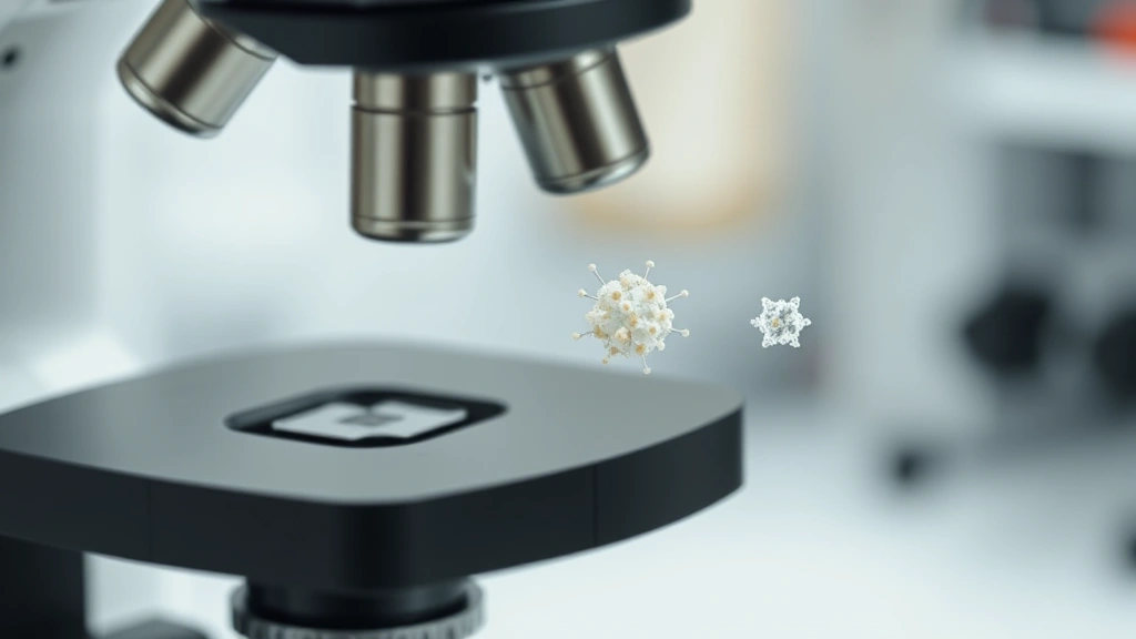 Laboratory microscope view showing magnified creatine particles at different sizes, comparing larger standard particles with smaller micronized particles, scientific analytical presentation, clean professional setup
