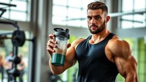 Professional fitness athlete in gym environment holding protein shaker bottle with powder supplement, modern weight training facility background, focused determined expression, daylight natural lighting, athletic wear