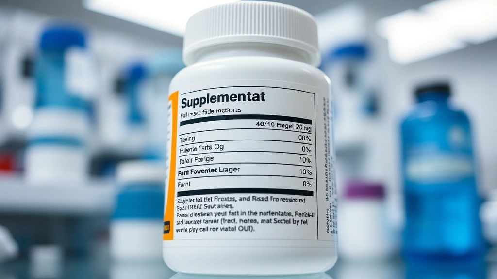 Close-up detailed product photography of supplement container label showing nutritional information, clinical laboratory setting background, professional product documentation style, clear sharp focus on nutrition facts