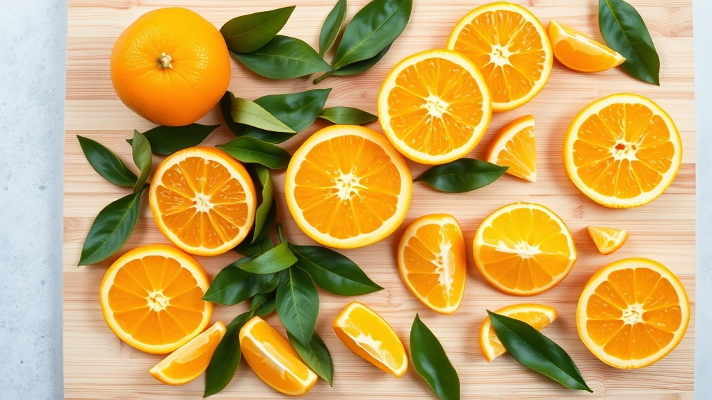 Overhead flat lay composition of whole Orange Cuties, halved fruits, and scattered segments arranged artfully on light wooden cutting board with fresh green leaves, showing cross-sections and natural color variation, professional food photography style with no visible text