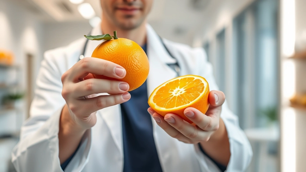 Nutritionist or health professional holding Orange Cutie fruit in clinical setting, examining citrus fruit closely, white coat visible, modern wellness center background, professional photography capturing expert assessment of fresh produce without any visible text or medical labels