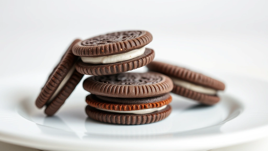 Close-up of three Oreo cookies stacked on a white ceramic plate, studio lighting highlighting the chocolate wafers and cream filling, minimalist composition with shallow depth of field