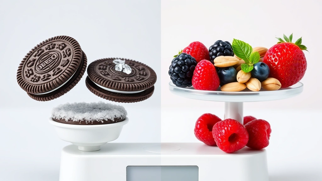 Split-screen nutrition comparison visualization: left side showing Oreo cookies with sugar crystals, right side showing fresh berries and nuts, both equally portioned on a balance scale, clean modern aesthetic