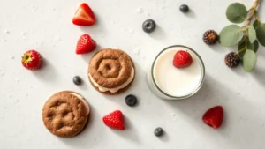 Overhead flat lay of chocolate sandwich cookies with cream filling next to a glass of cold milk and fresh berries, natural lighting, minimalist composition