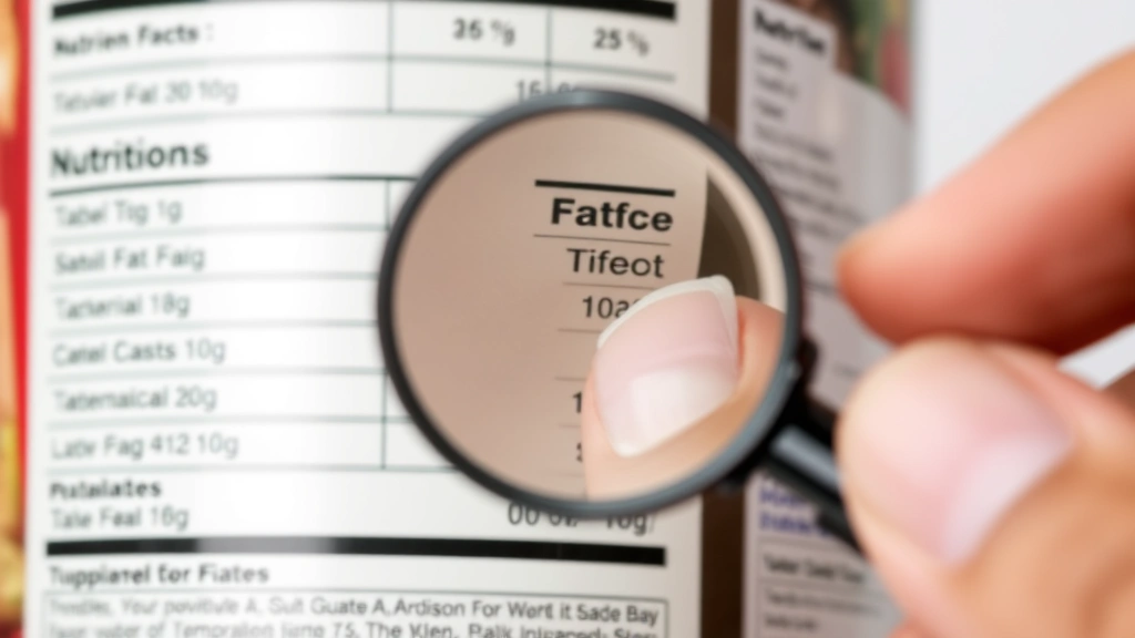 Close-up of a nutrition label being examined by a hand holding a magnifying glass, showing nutritional information details clearly visible, professional food photography