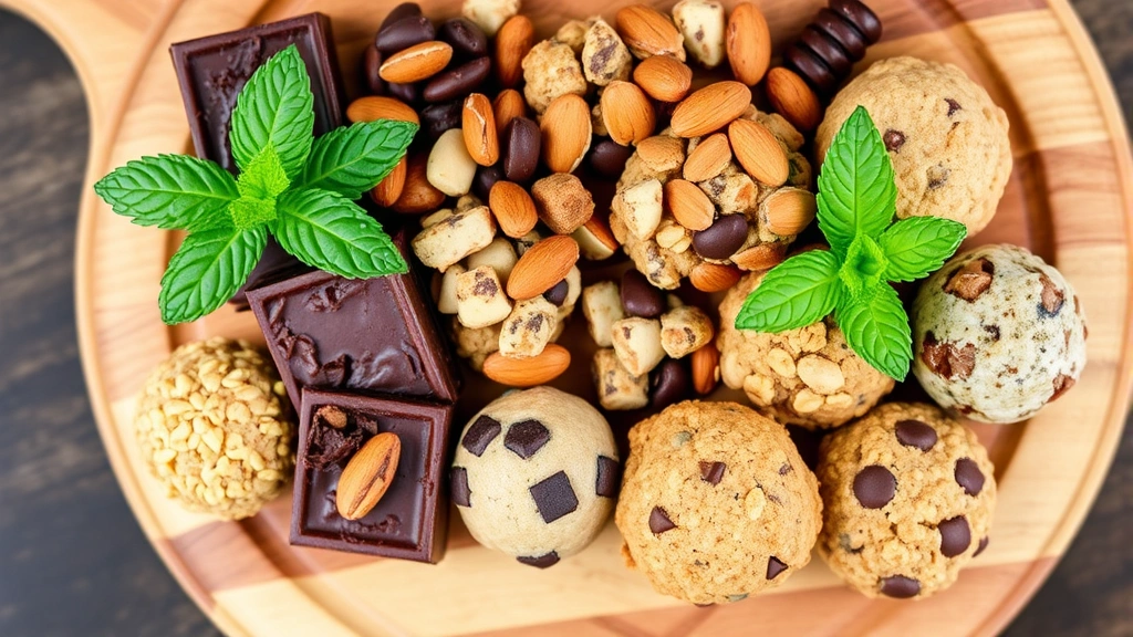 Colorful array of healthy cookie alternatives including dark chocolate squares, almond clusters, energy balls, and whole grain biscuits arranged on a wooden board with fresh mint