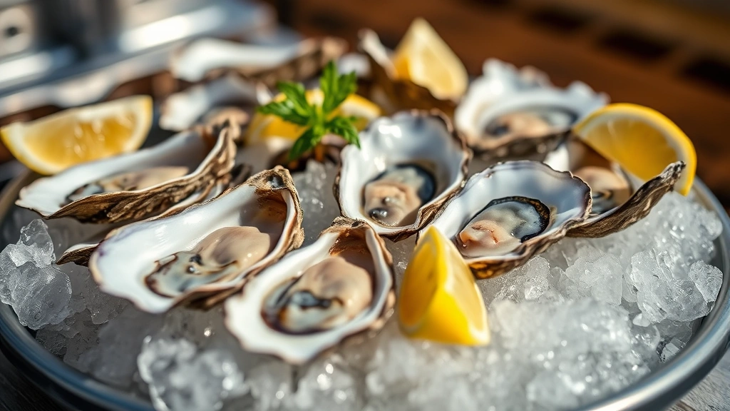 Fresh oysters on ice with lemon wedges, shallow depth of field, professional food photography, natural lighting, coastal aesthetic