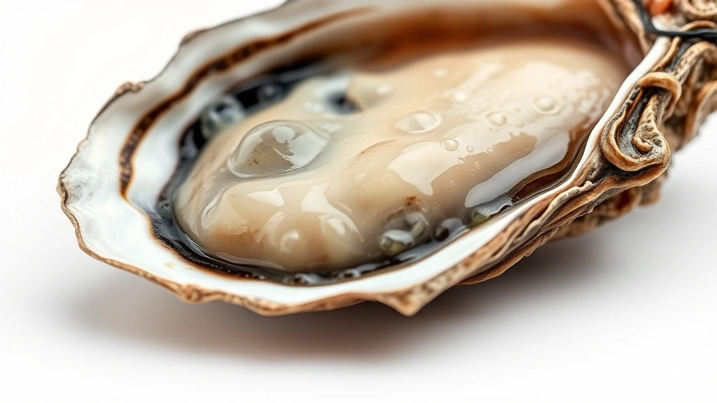 Close-up of opened oyster shell showing meat texture, water droplets, minimalist composition, clean white background, detailed macro photography
