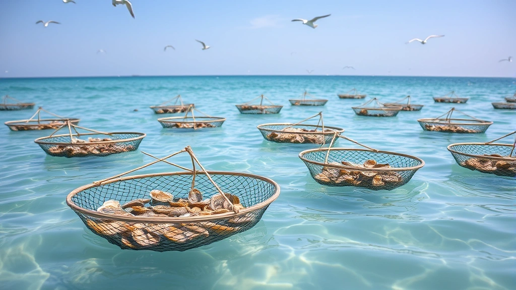 Oyster farming nets in ocean water, sustainable aquaculture scene, clear water, sunny day, birds flying overhead, environmental focus