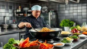 Professional chef in commercial kitchen stir-frying pad thai in large wok with steam rising, fresh vegetables and ingredients arranged on stainless steel counter, focused concentrated expression, natural kitchen lighting, high-quality food photography style