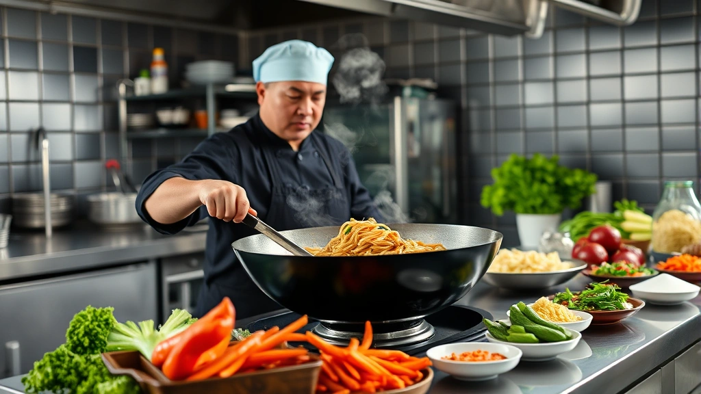 Professional chef in commercial kitchen stir-frying pad thai in large wok with steam rising, fresh vegetables and ingredients arranged on stainless steel counter, focused concentrated expression, natural kitchen lighting, high-quality food photography style