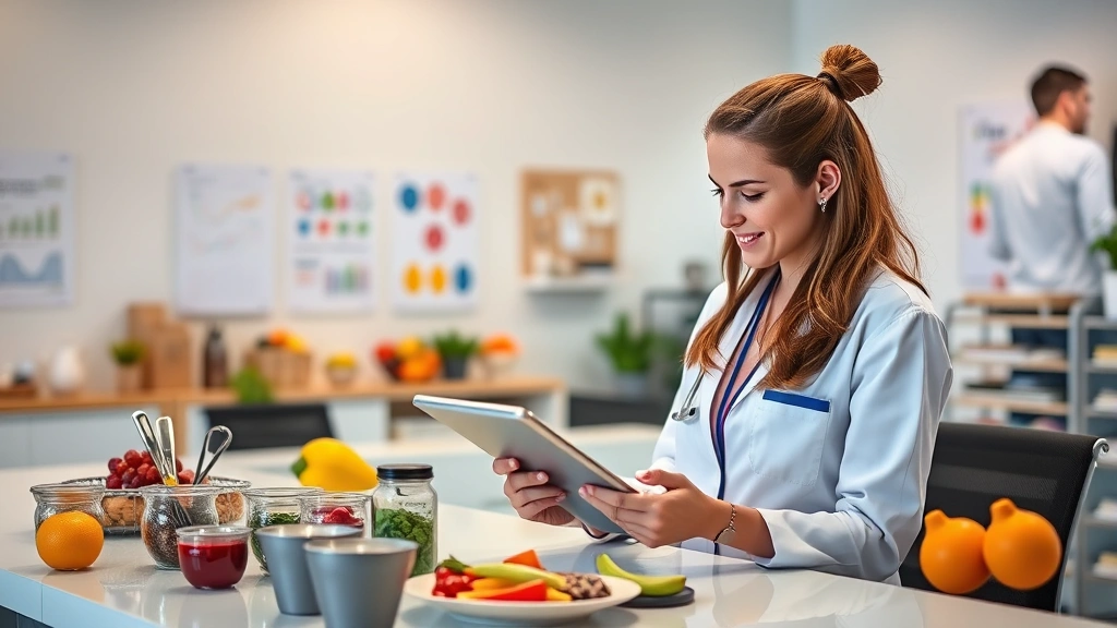 Registered dietitian in modern nutrition office reviewing nutritional data on digital tablet, surrounded by food models, measuring cups, and nutritional charts, warm professional lighting, clean workspace with health-focused aesthetic