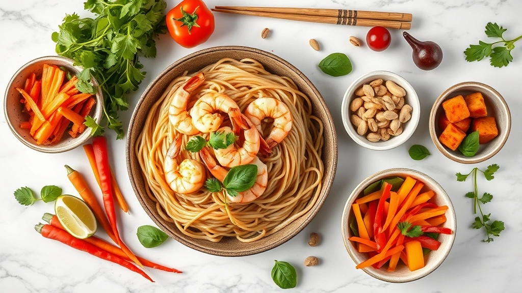 Overhead flat lay of healthy homemade pad thai ingredients arranged artfully on marble surface including brown rice noodles, fresh shrimp, colorful vegetables, peanuts in small bowls, lime, and fresh herbs, natural daylight, food styling photography