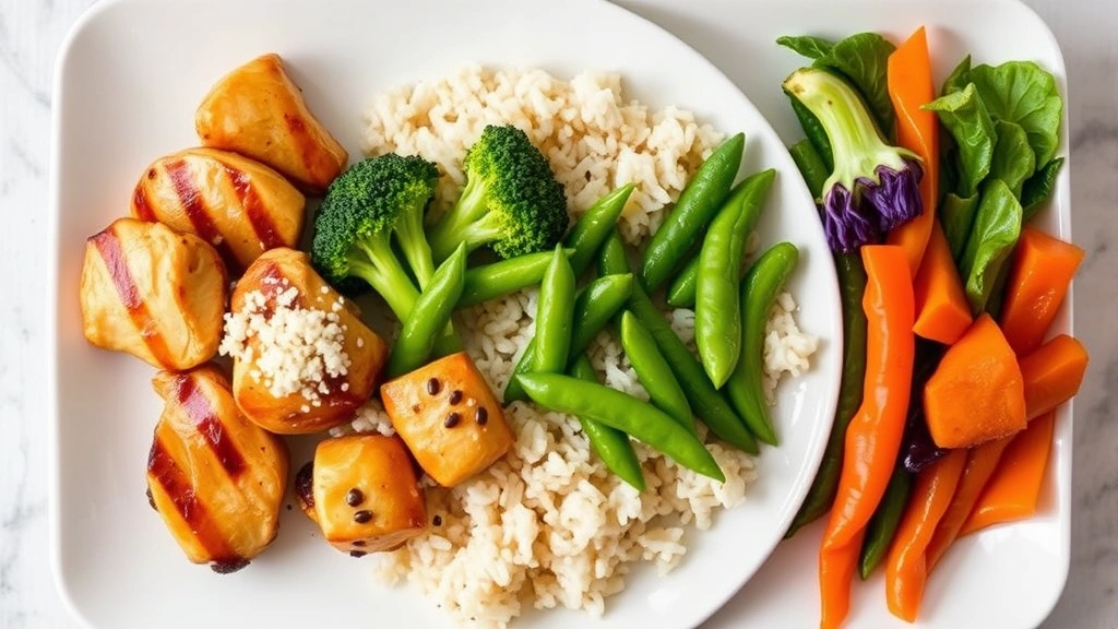 Overhead shot of colorful Panda Express meal components—grilled chicken, steamed broccoli, brown rice, edamame, and fresh vegetables arranged on modern white plate, natural lighting, vibrant food photography, no text or labels visible
