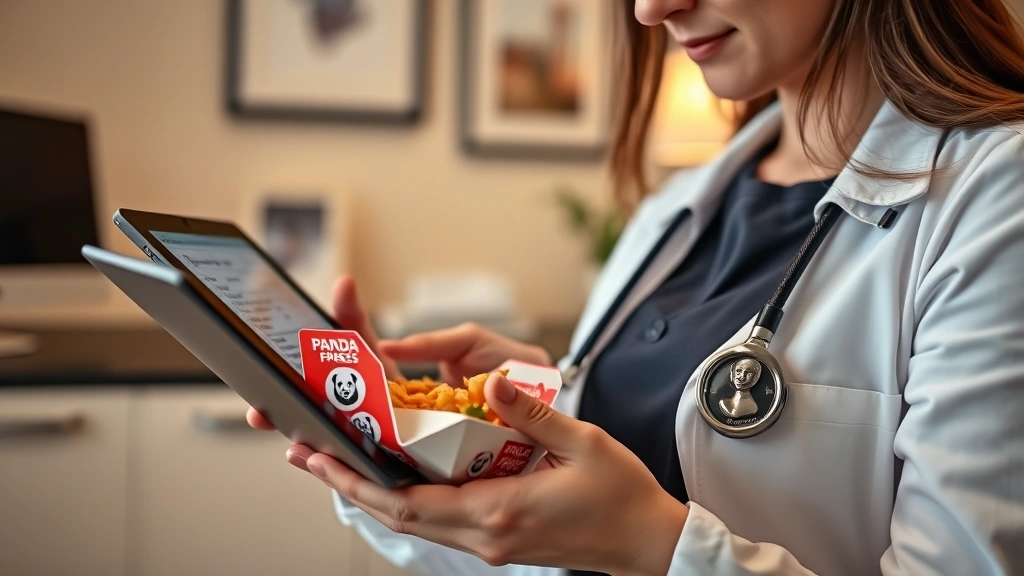 Close-up of registered dietitian reviewing nutritional data on tablet while holding Panda Express meal container, clinical nutrition office setting, professional atmosphere, soft warm lighting, focus on nutritional analysis process