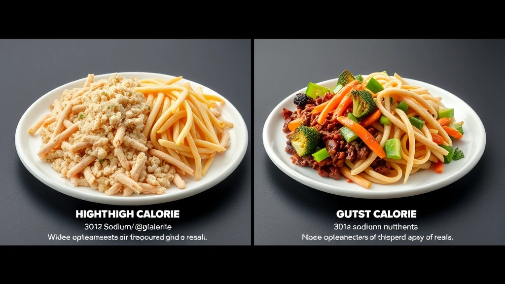 Split-screen comparison visualization showing two different Panda Express meal combinations—one high-sodium/high-calorie on left, one balanced nutritious on right, modern infographic style photography, clean minimalist composition, food styling emphasis