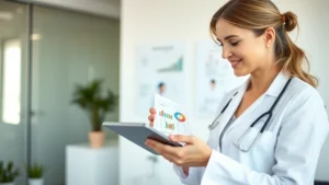 Professional nutritionist reviewing calorie charts and nutritional data on tablet, modern clinic setting, soft natural lighting, healthy meal planning documents visible