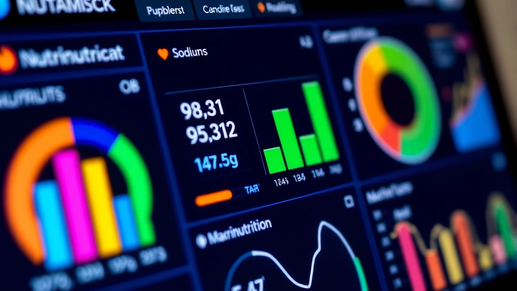 Close-up of colorful nutritional analysis dashboard on digital screen showing macronutrient breakdowns, calories, and sodium levels with charts and graphs