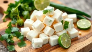 Close-up of fresh white paneer cheese cubes on a wooden cutting board with fresh cilantro, lime wedges, and green chilies arranged around it, bright natural lighting, professional food photography, shallow depth of field