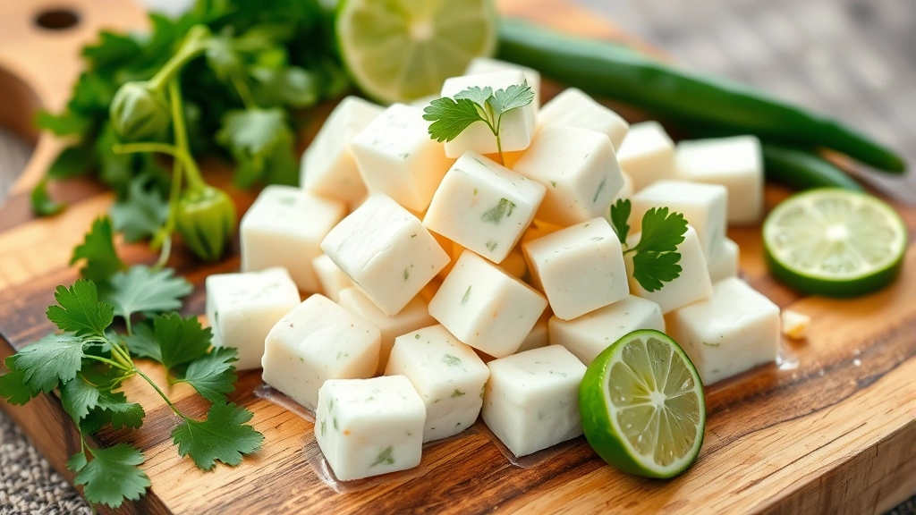 Close-up of fresh white paneer cheese cubes on a wooden cutting board with fresh cilantro, lime wedges, and green chilies arranged around it, bright natural lighting, professional food photography, shallow depth of field