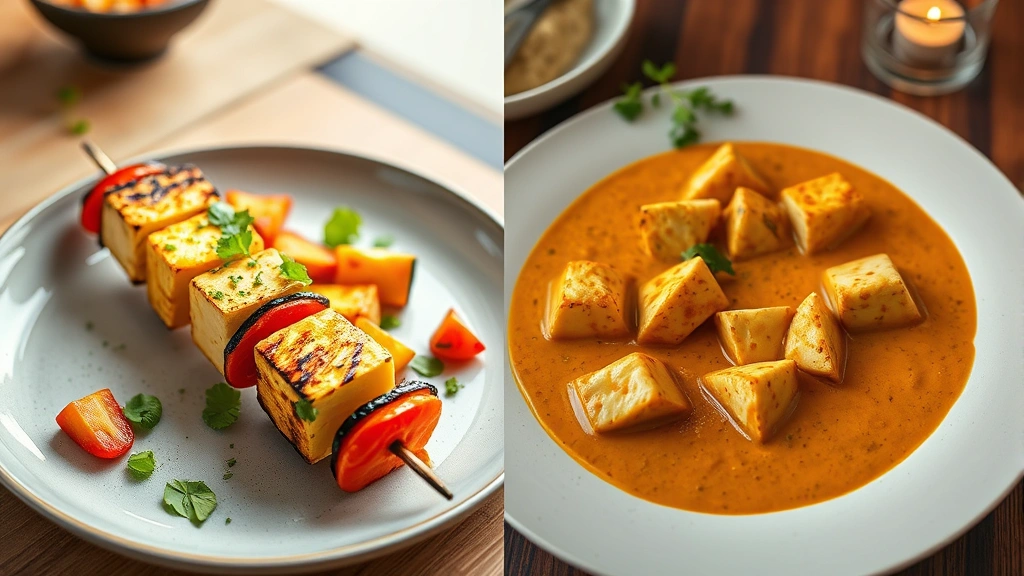 Split-screen nutritional comparison: left side shows a grilled paneer tikka skewer with colorful roasted vegetables and fresh herbs on a modern plate; right side displays the same paneer in a rich creamy curry sauce, both beautifully plated, warm ambient lighting
